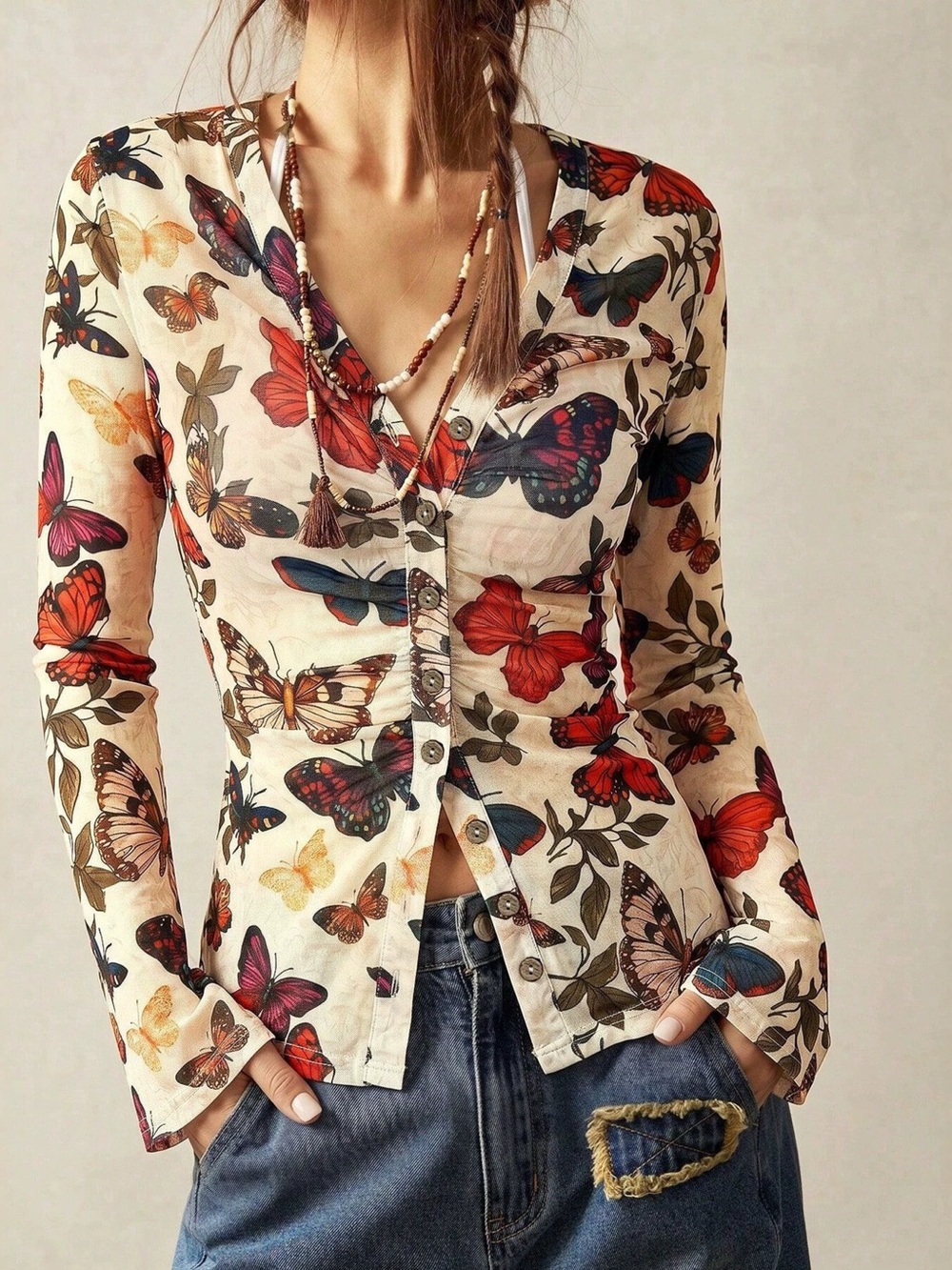 Butterfly Print V-Neck Button-Down Long Sleeve Shirt